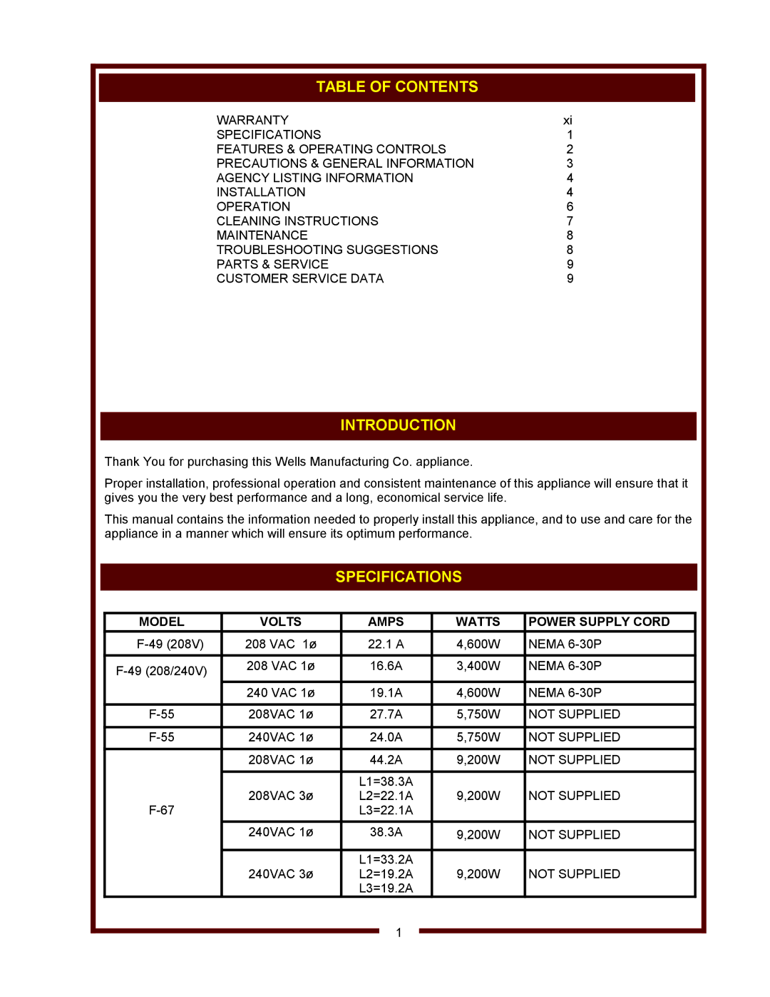 Wells F-67, F-55, F-49 operation manual Table of Contents, Introduction, Specifications 