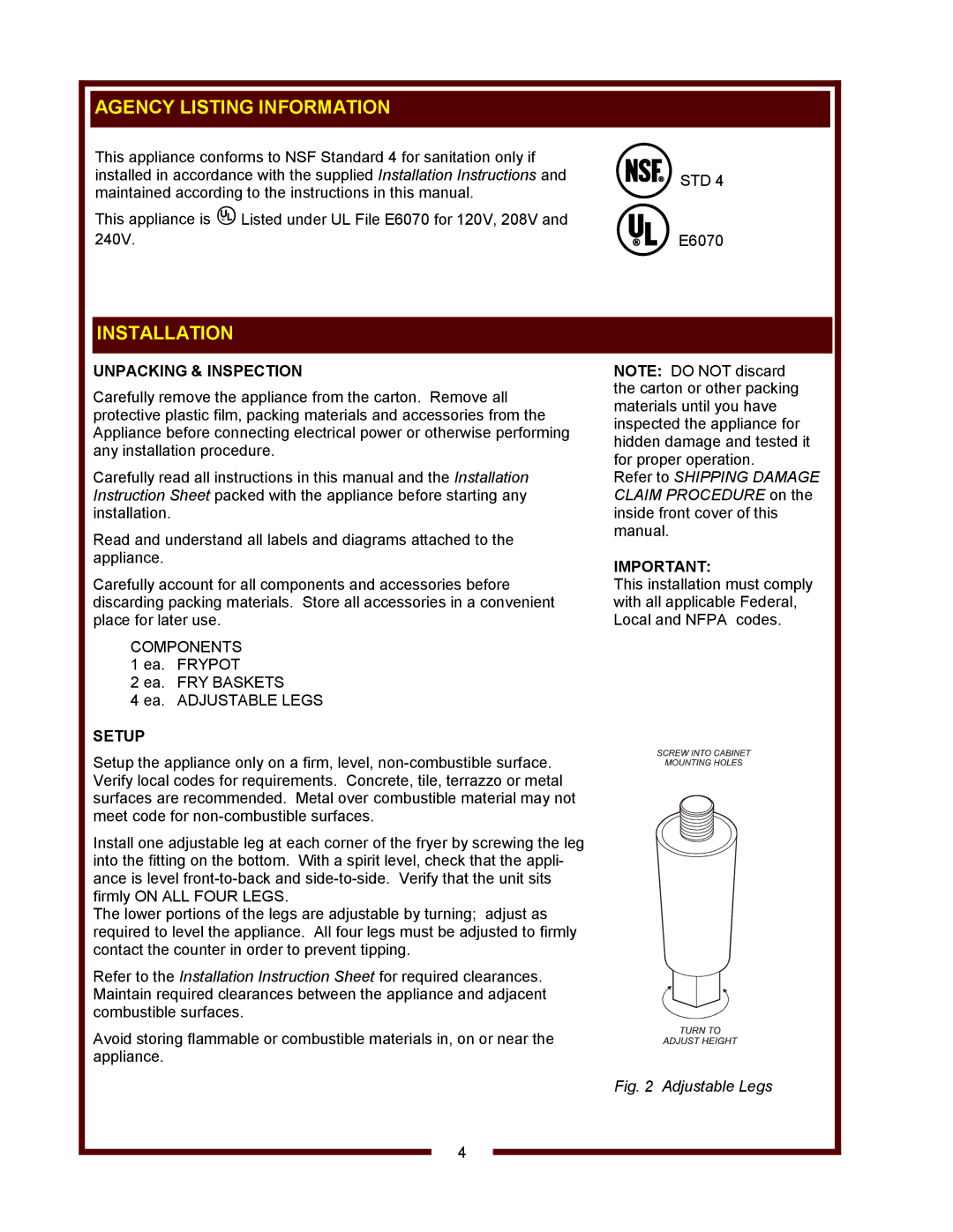 Wells F-67, F-55, F-49 operation manual Agency Listing Information, Installation, Unpacking & Inspection, Setup 