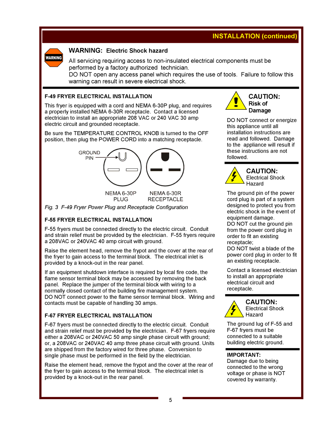 Wells F-55, F-67, F-49 operation manual Fryer Electrical Installation 