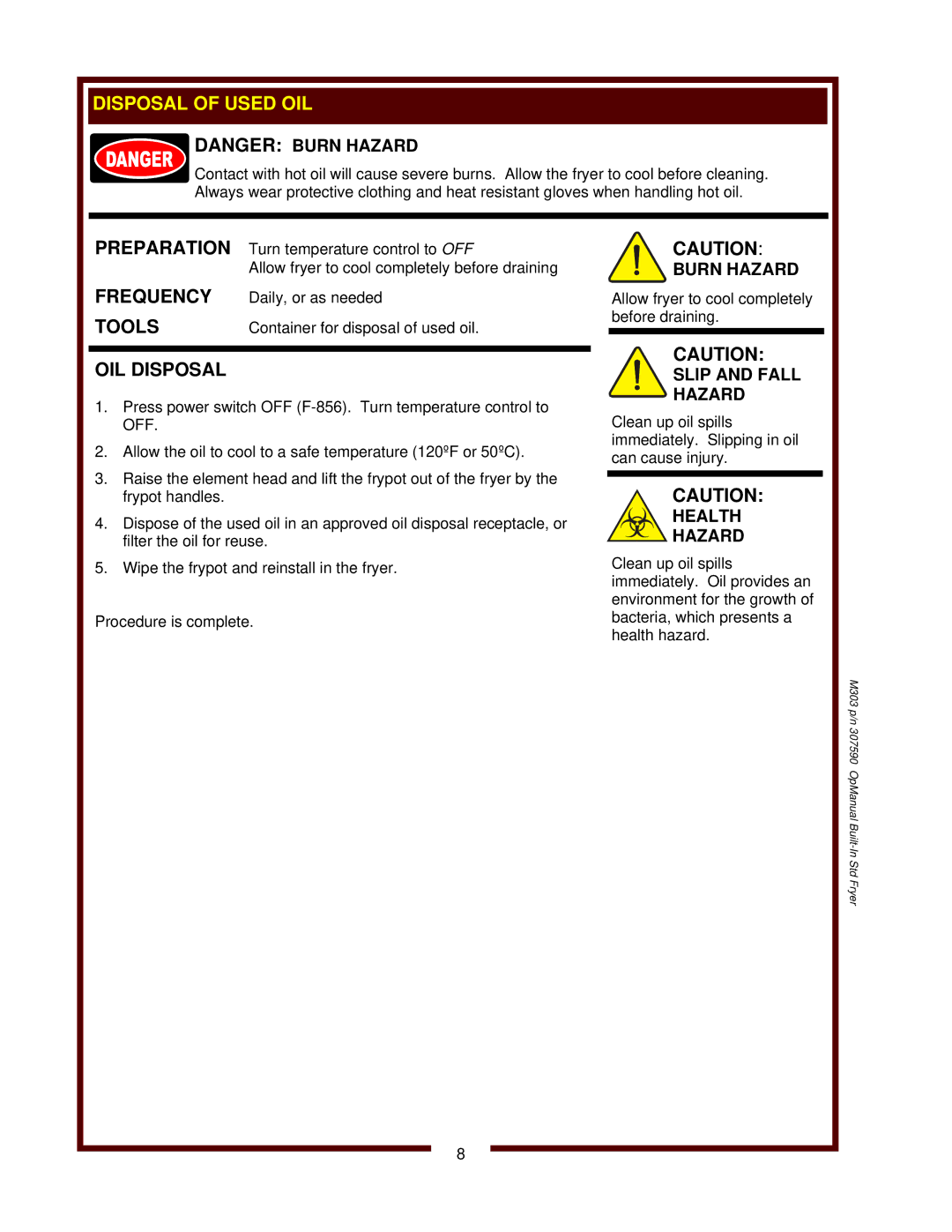 Wells F-556, F-676, F-856 operation manual OIL Disposal, Slip and Fall Hazard, Health Hazard 