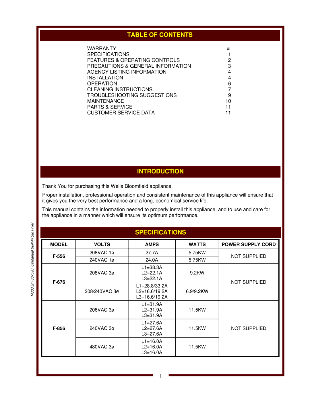 Wells F-676, F-556, F-856 operation manual Introduction, Model Volts Amps Watts Power Supply Cord 