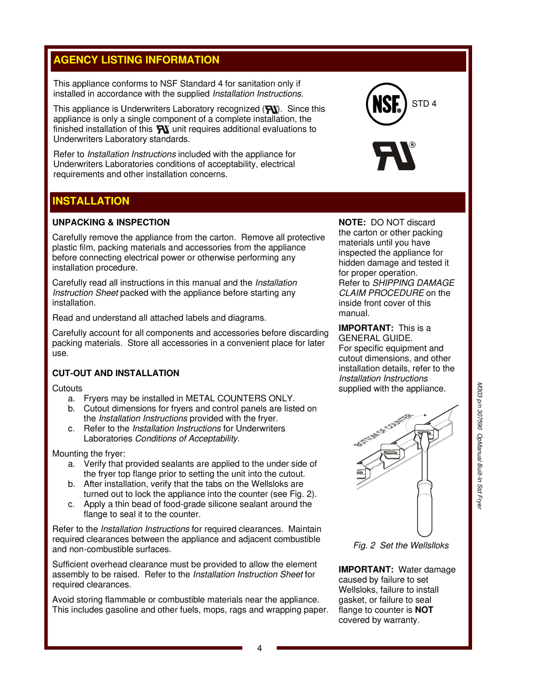 Wells F-676, F-556, F-856 operation manual Unpacking & Inspection, CUT-OUT and Installation, Important This is a 