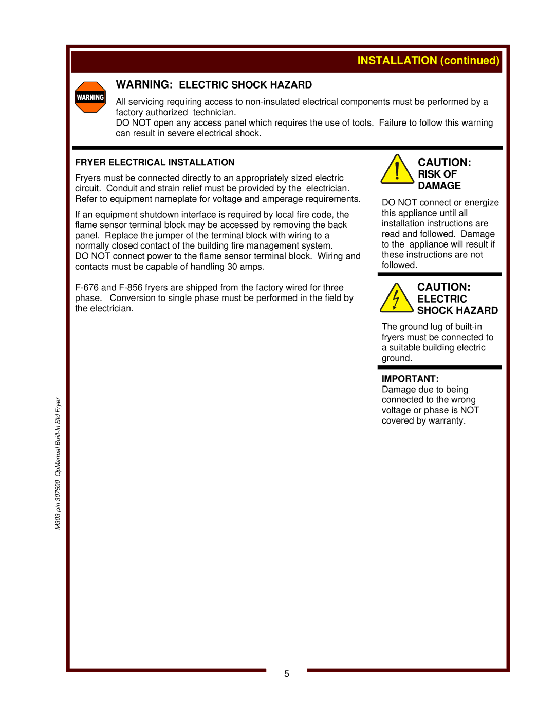 Wells F-556, F-676, F-856 operation manual Fryer Electrical Installation 