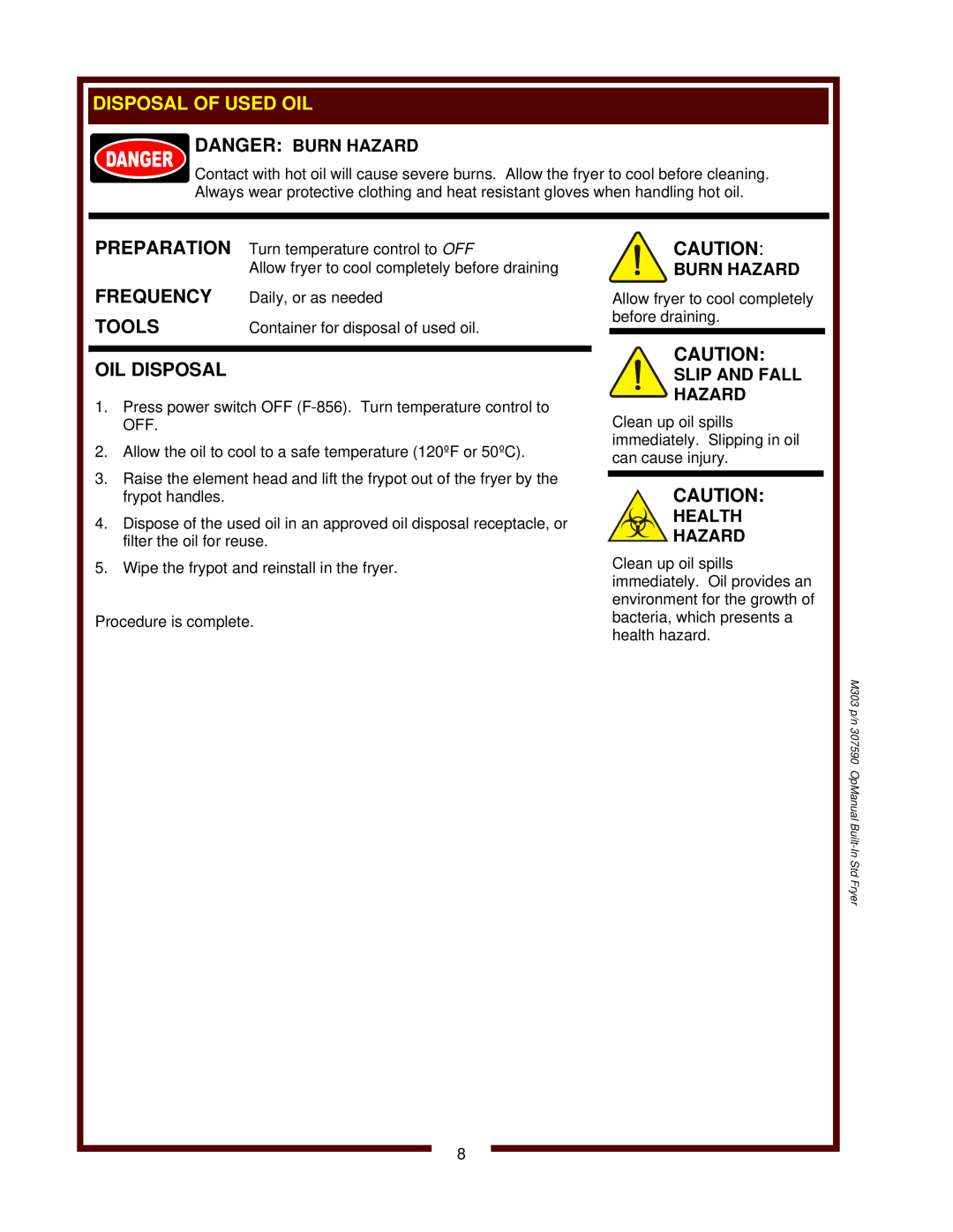Wells F-556, F-676 Oil Disposal, Slip And Fall Hazard, Health Hazard, Preparation, Frequency, Tools, Danger Burn Hazard 