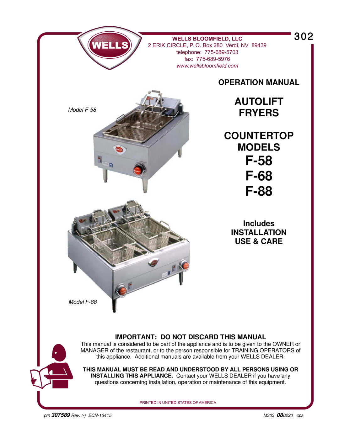 Wells F-88 operation manual Autolift Fryers Countertop Models, Important do not Discard this Manual 