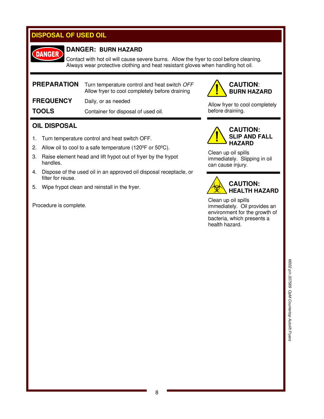 Wells F-88 operation manual OIL Disposal, Slip and Fall Hazard, Health Hazard 