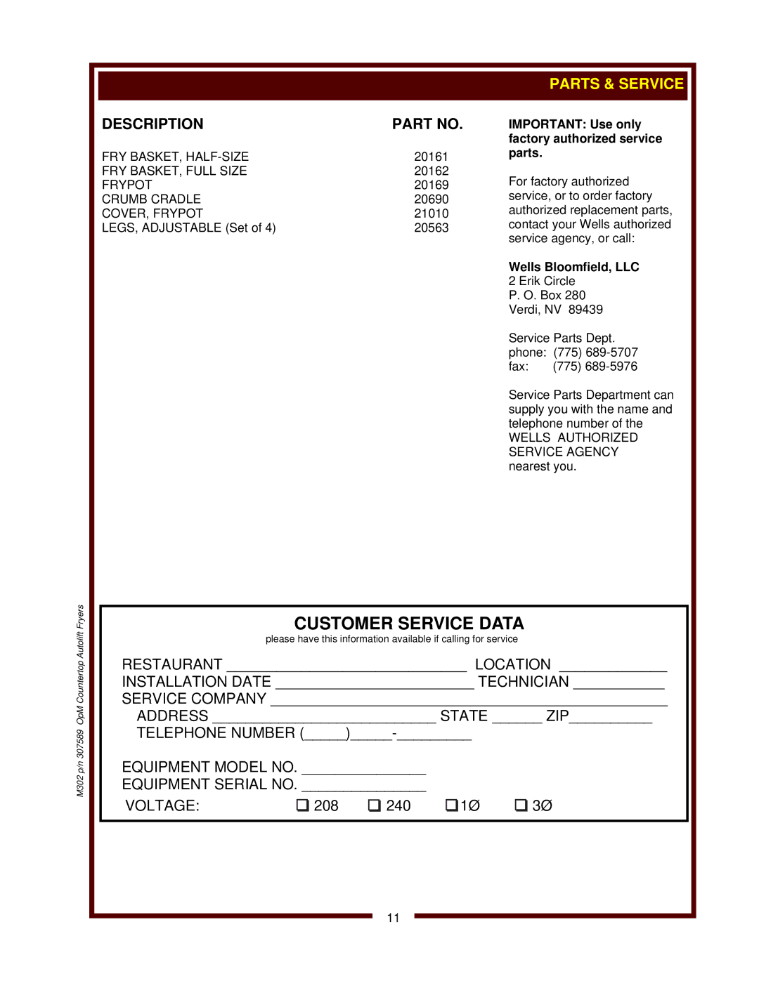 Wells F-88 operation manual Important Use only factory authorized service parts 