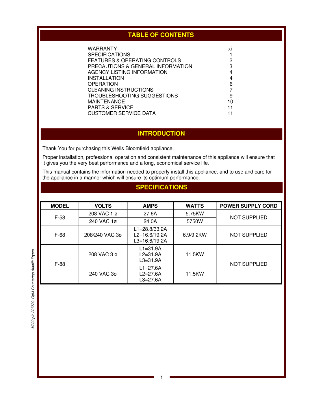 Wells F-88 operation manual Introduction, Model Volts Amps Watts Power Supply Cord 