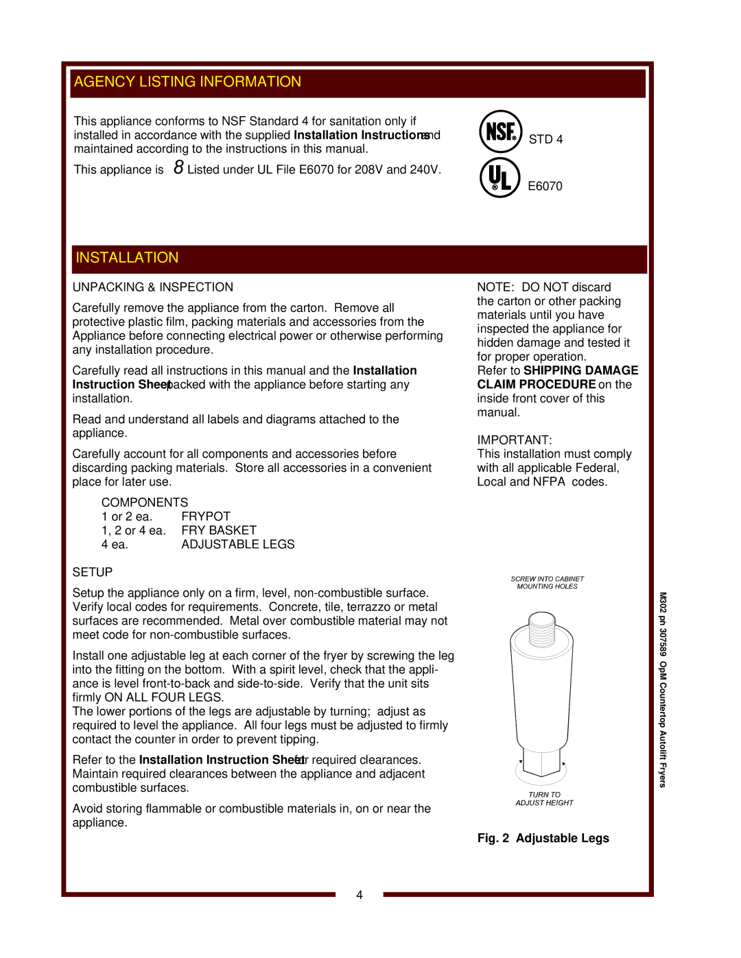 Wells F-88 operation manual Installation, Unpacking & Inspection, Setup 