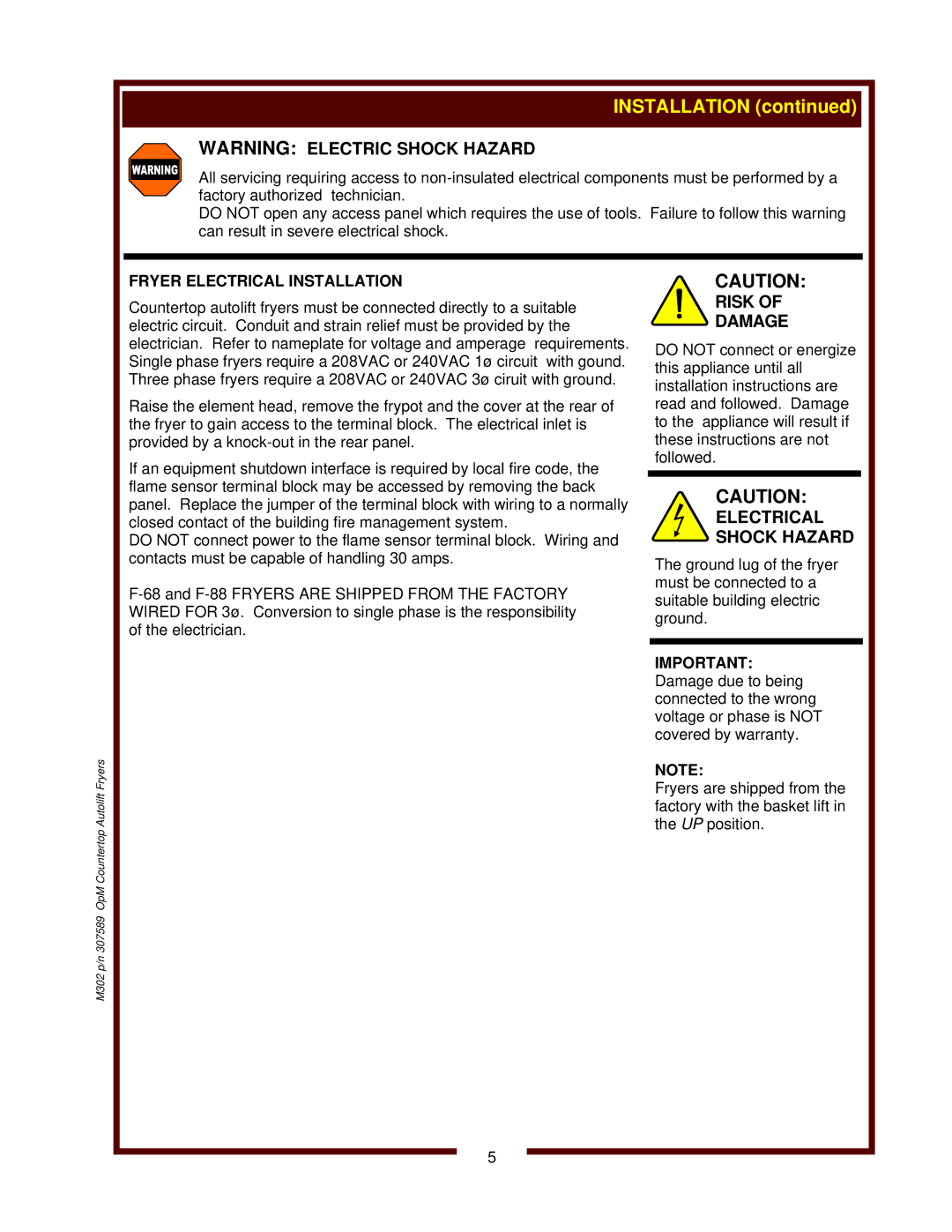 Wells F-88 operation manual Fryer Electrical Installation 