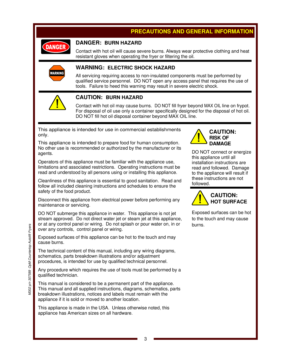 Wells F-88 Precautions And General Information, Danger Burn Hazard, Warning Electric Shock Hazard, Caution Burn Hazard 