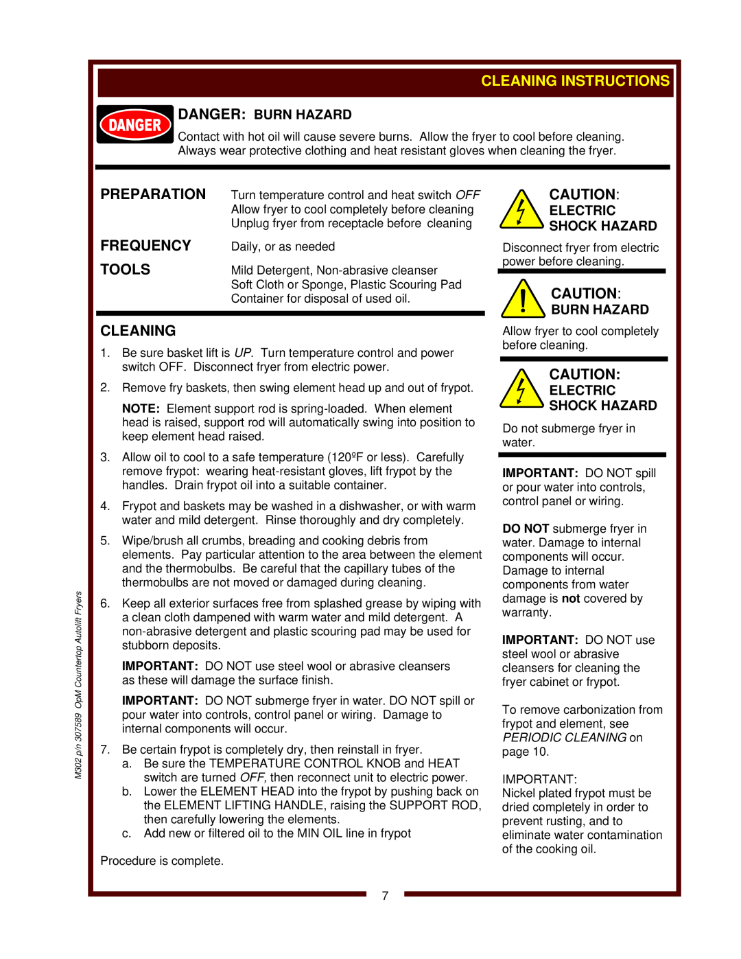 Wells F-88 Cleaning Instructions, Preparation, Frequency, Tools, Electric Shock Hazard, Danger Burn Hazard 