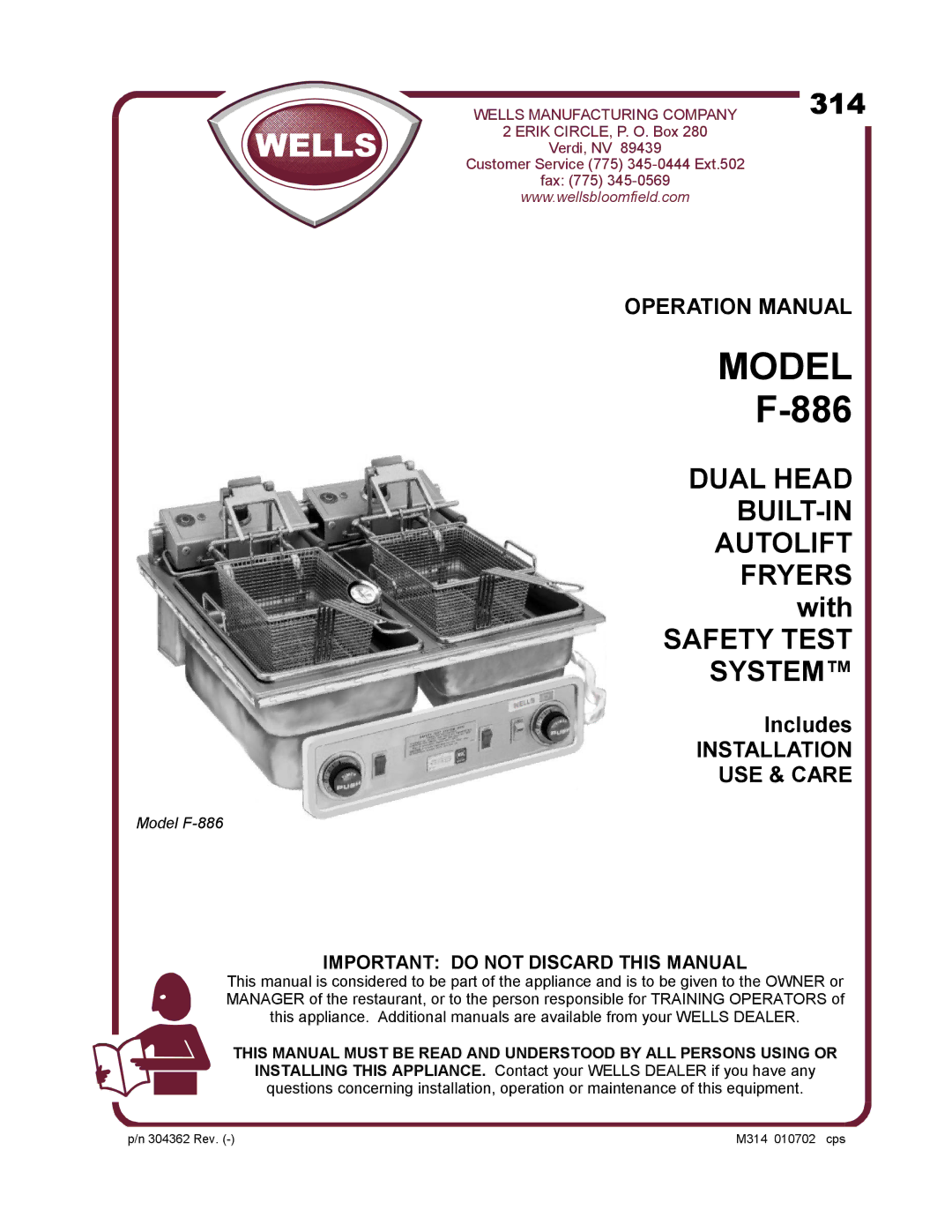 Wells F-886 operation manual 314, Important do not Discard this Manual 