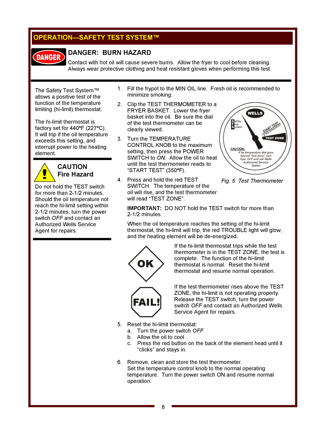 Wells F-886 operation manual OPERATION-SAFETY Test System, Fire Hazard 