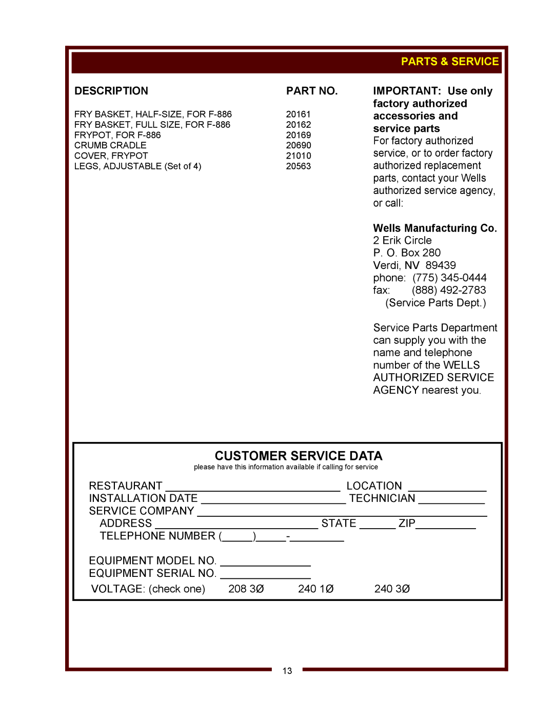 Wells F-886 operation manual Description, Parts & Service, Wells Manufacturing Co 