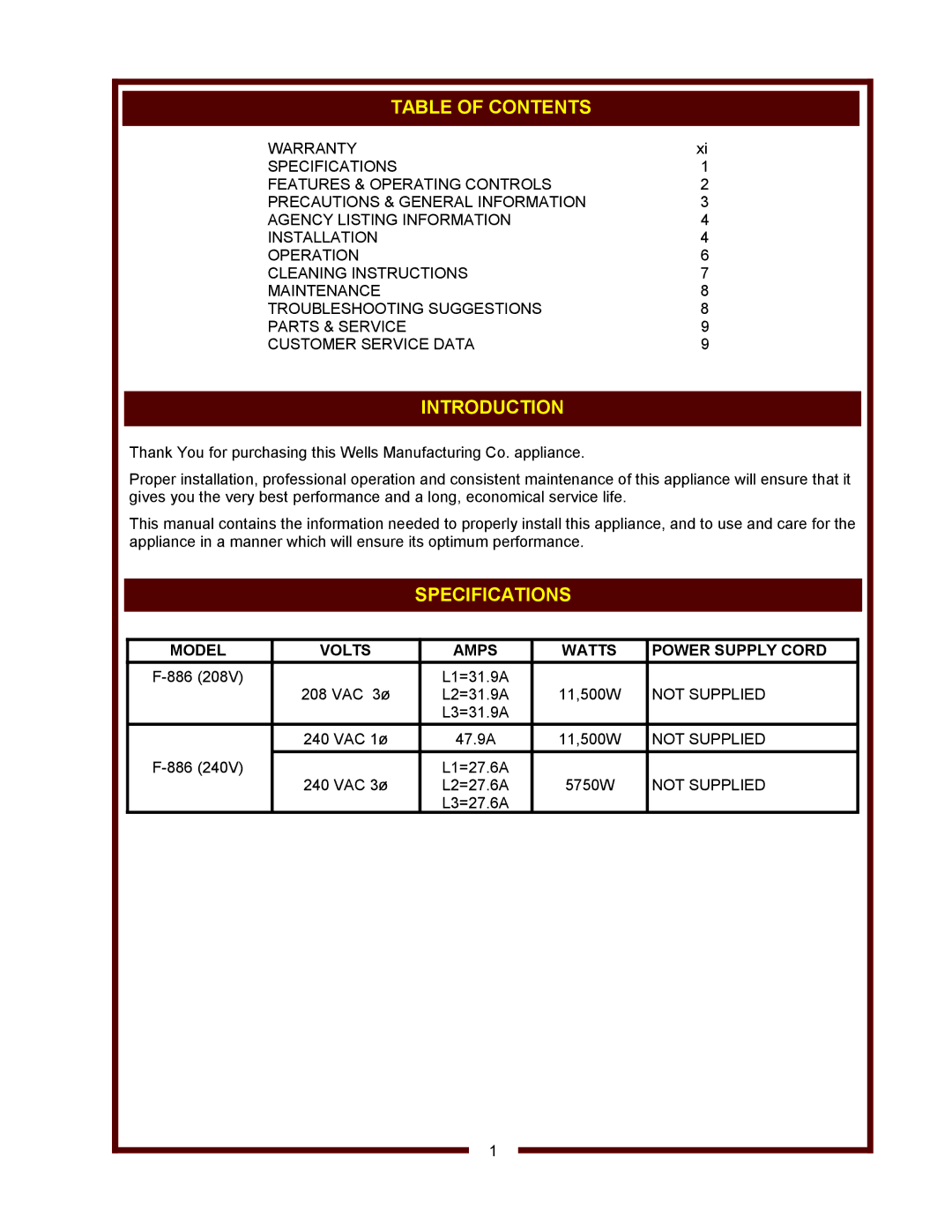 Wells F-886 operation manual Table of Contents, Introduction, Specifications 