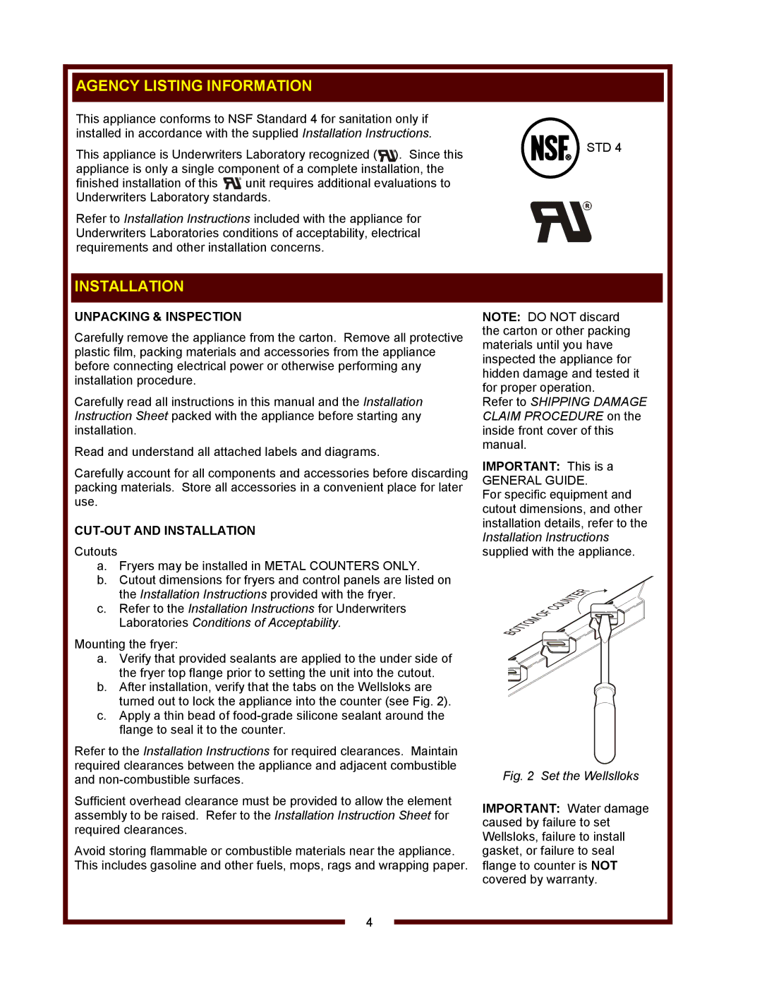 Wells F-886 operation manual Agency Listing Information, Unpacking & Inspection, CUT-OUT and Installation 