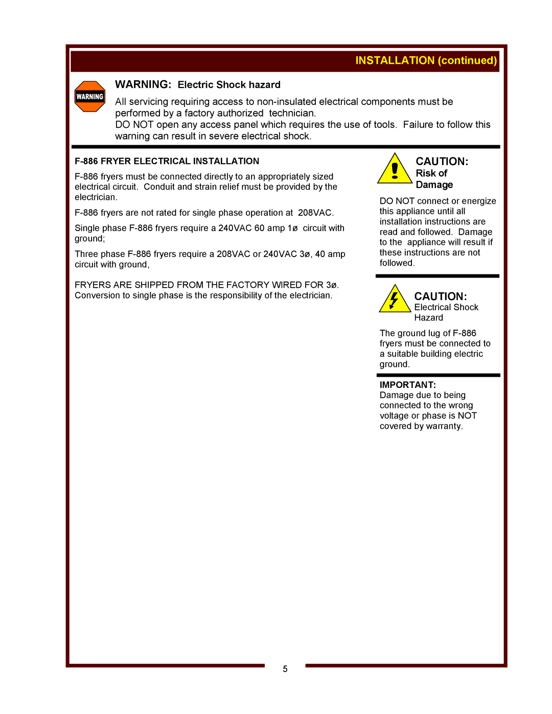 Wells F-886 operation manual Fryer Electrical Installation 