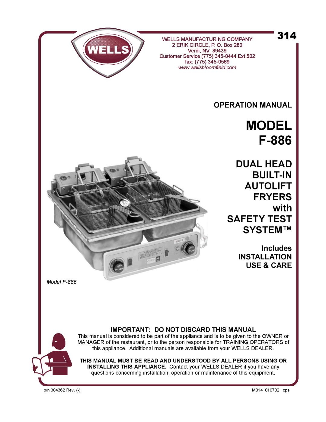 Wells operation manual Includes INSTALLATION USE & CARE, Important Do Not Discard This Manual, MODEL F-886, Verdi, NV 