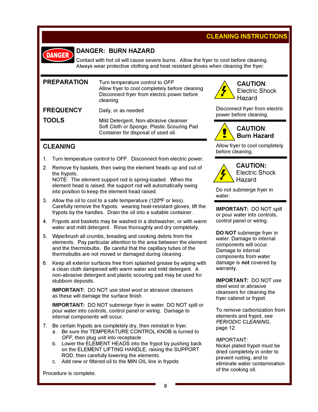 Wells F-886 Cleaning Instructions, Preparation, Frequency, Tools, Danger Burn Hazard, PERIODIC CLEANING, page 