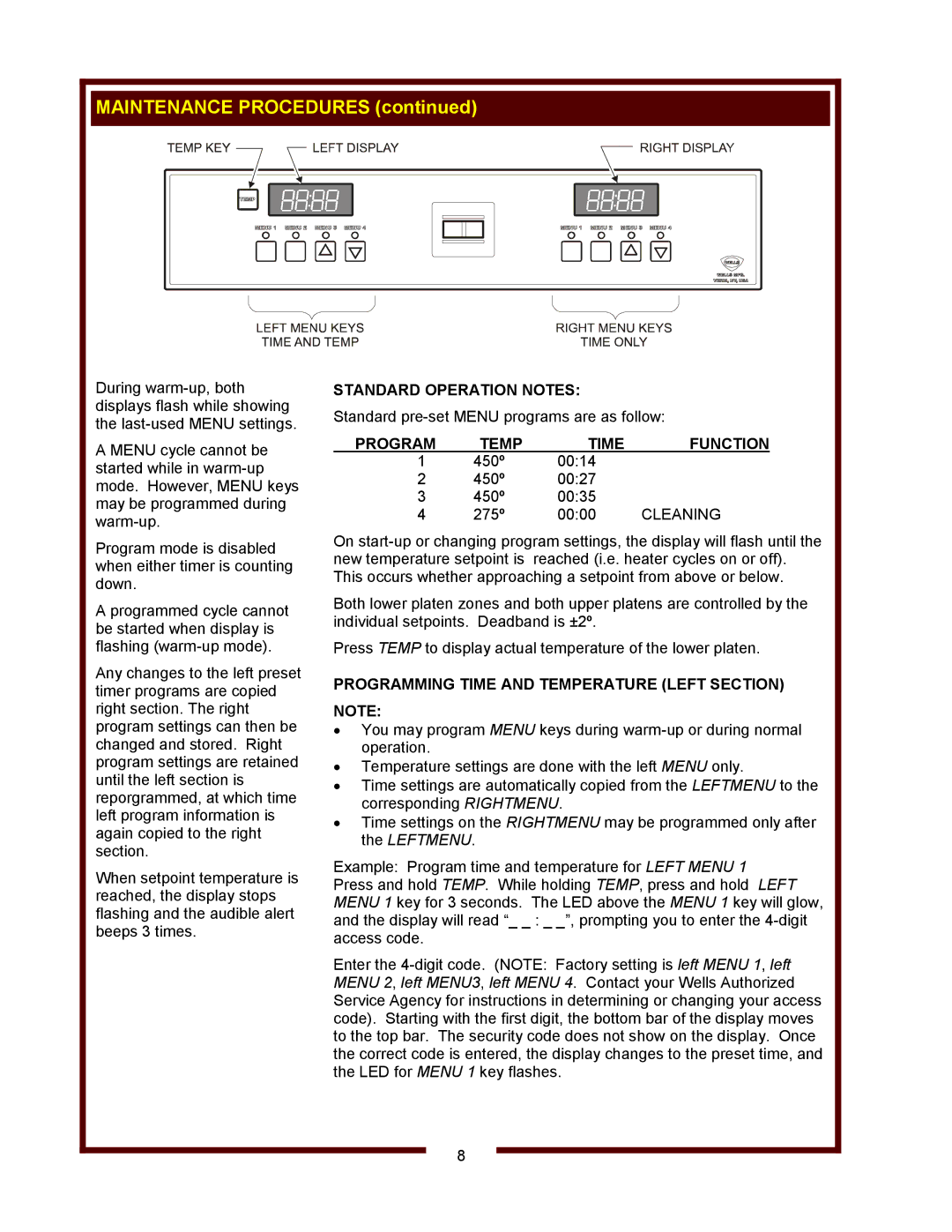 Wells FT-18 operation manual Standard Operation Notes, Program Temp Time Function, Cleaning 