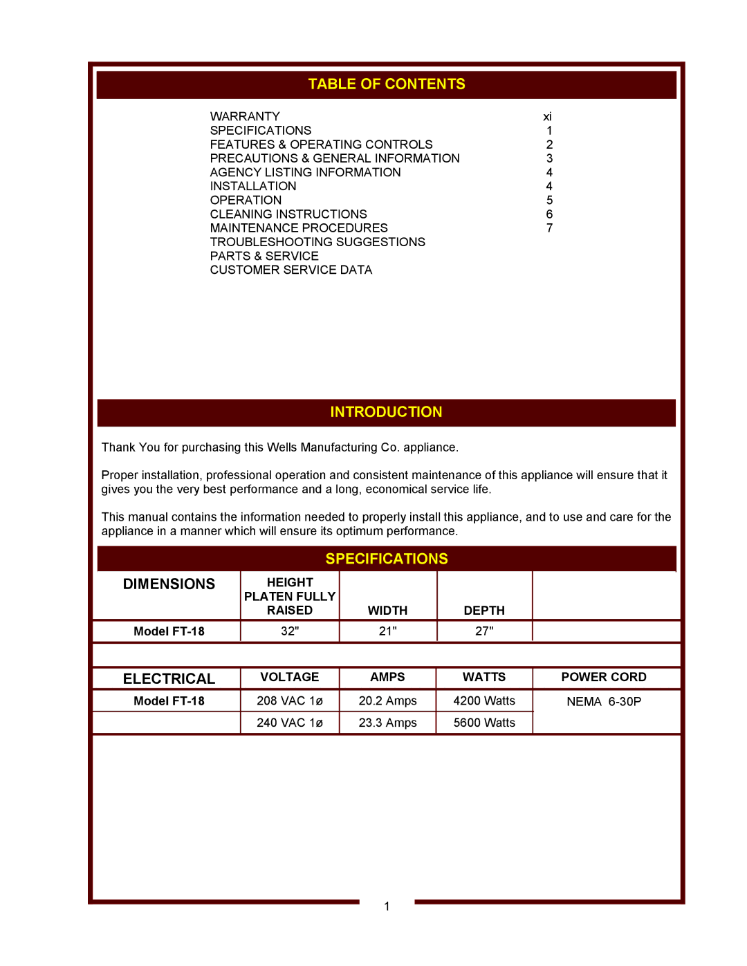 Wells FT-18 operation manual Table of Contents, Introduction, Specifications 