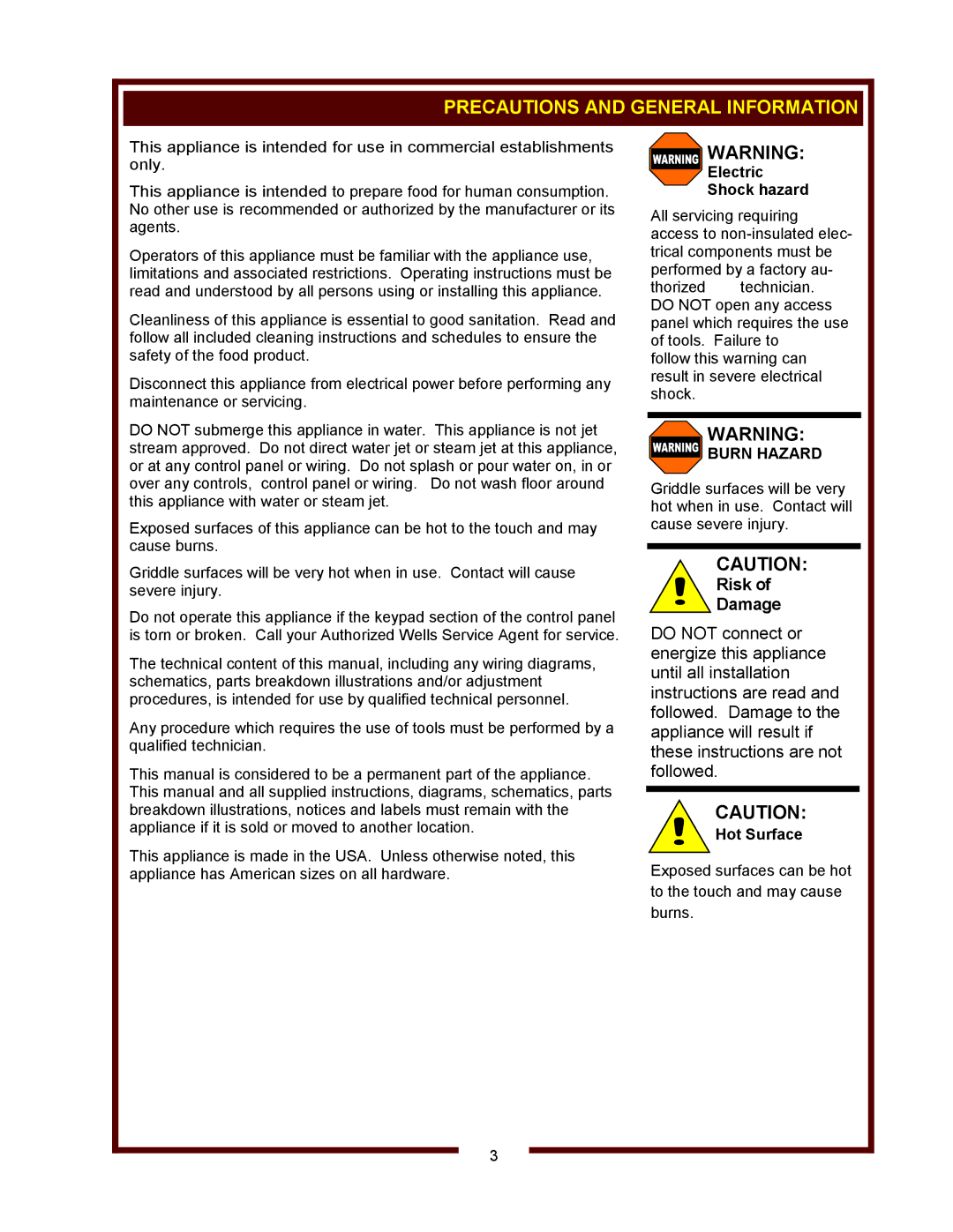 Wells FT-18 operation manual Precautions and General Information, Burn Hazard 