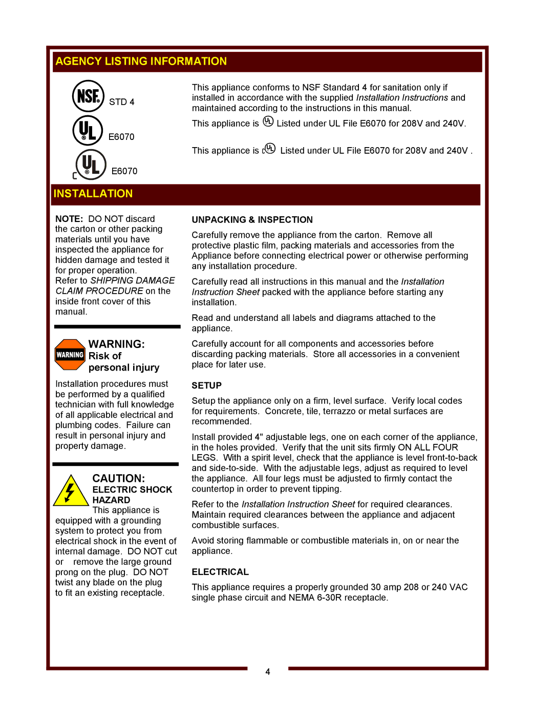 Wells FT-18 operation manual Agency Listing Information, Installation 