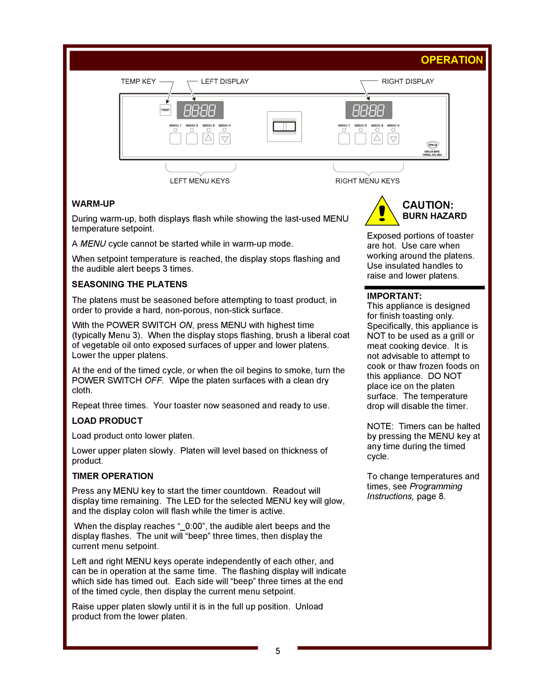 Wells FT-18 operation manual Warm-Up, Seasoning the Platens, Load Product, Timer Operation 