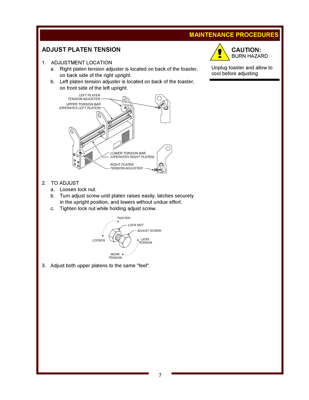 Wells FT-18 operation manual Maintenance Procedures, Adjust Platen Tension, Adjustment Location, To Adjust 