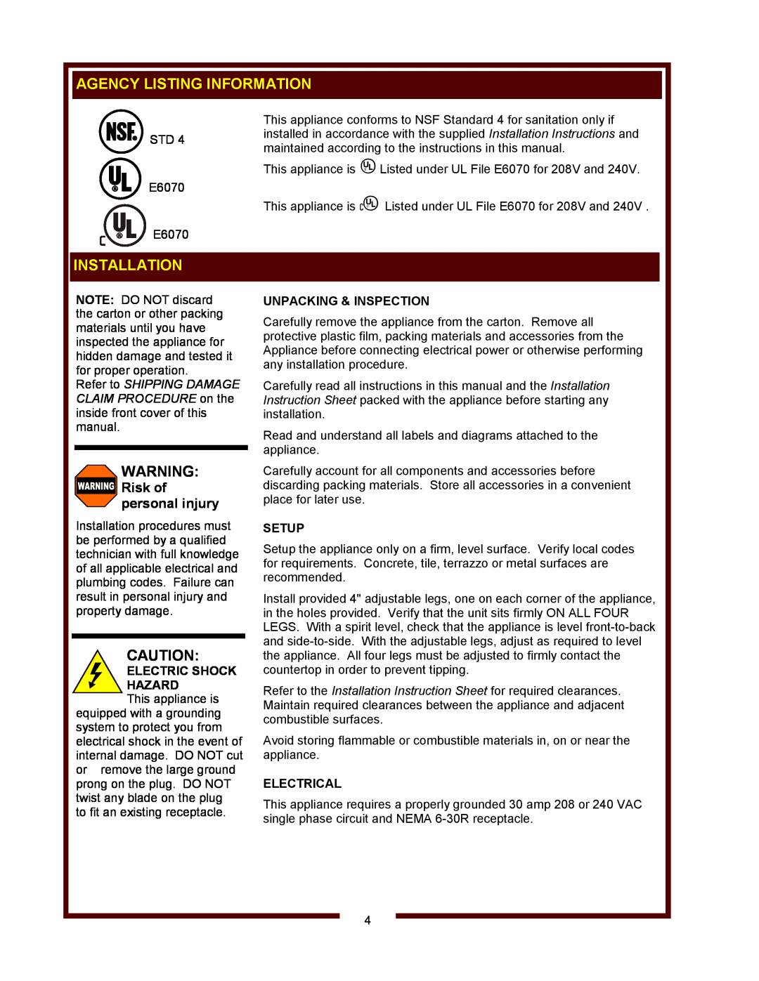 Wells FT-18 operation manual Agency Listing Information, Installation, Risk of personal injury 