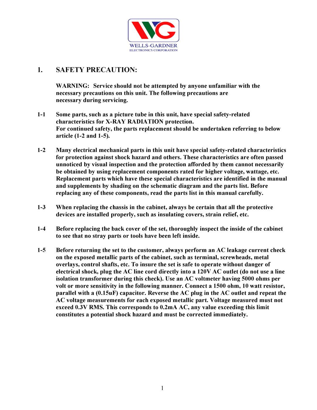 Wells-Gardner D9100 service manual Safety Precaution 