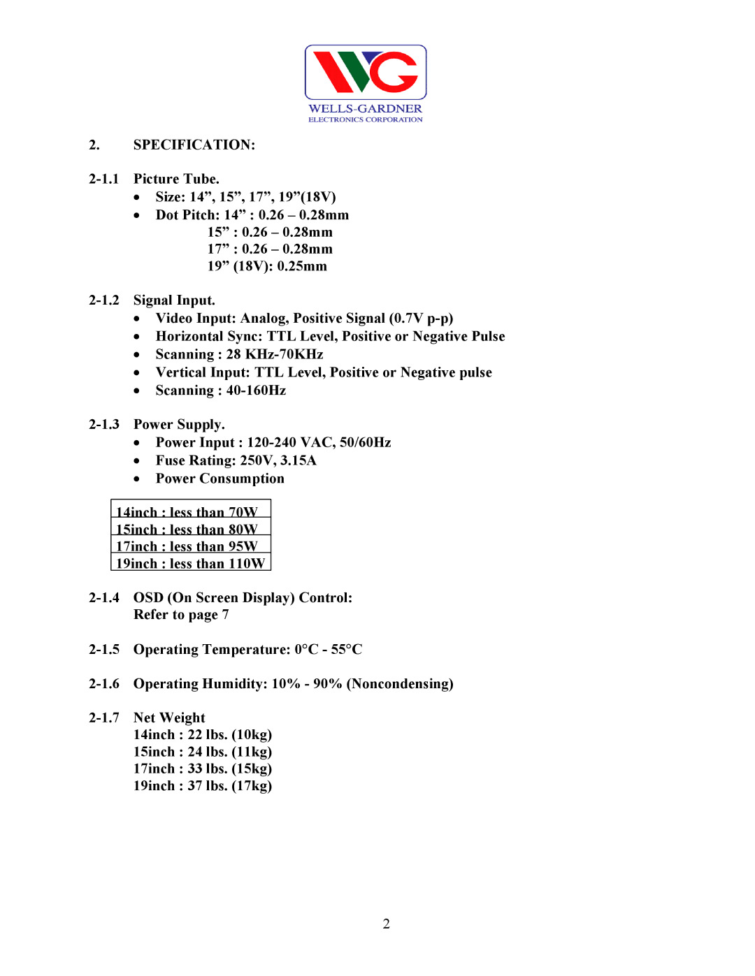 Wells-Gardner D9100 service manual Specification 