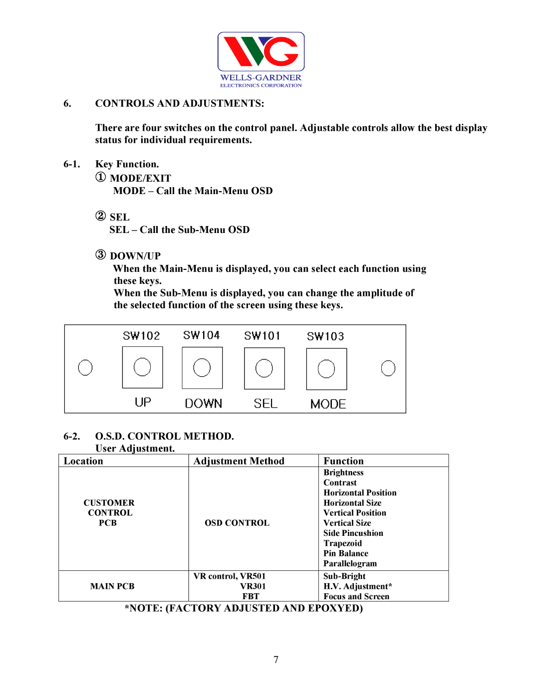 Wells-Gardner D9100 service manual Controls and Adjustments, ① MODE/EXIT, ② SEL, ③ DOWN/UP 