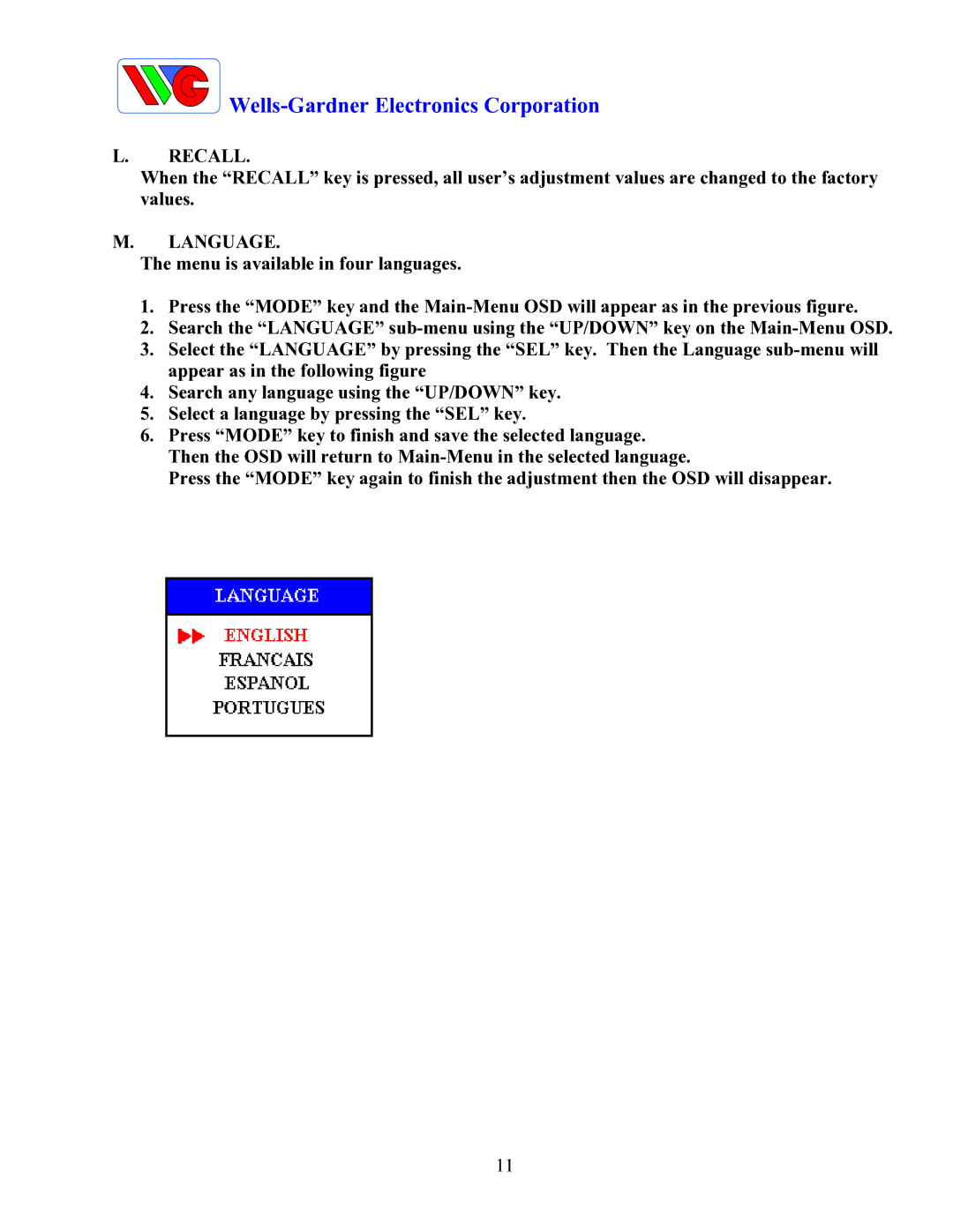 Wells-Gardner D9300 Series service manual Recall, Language 