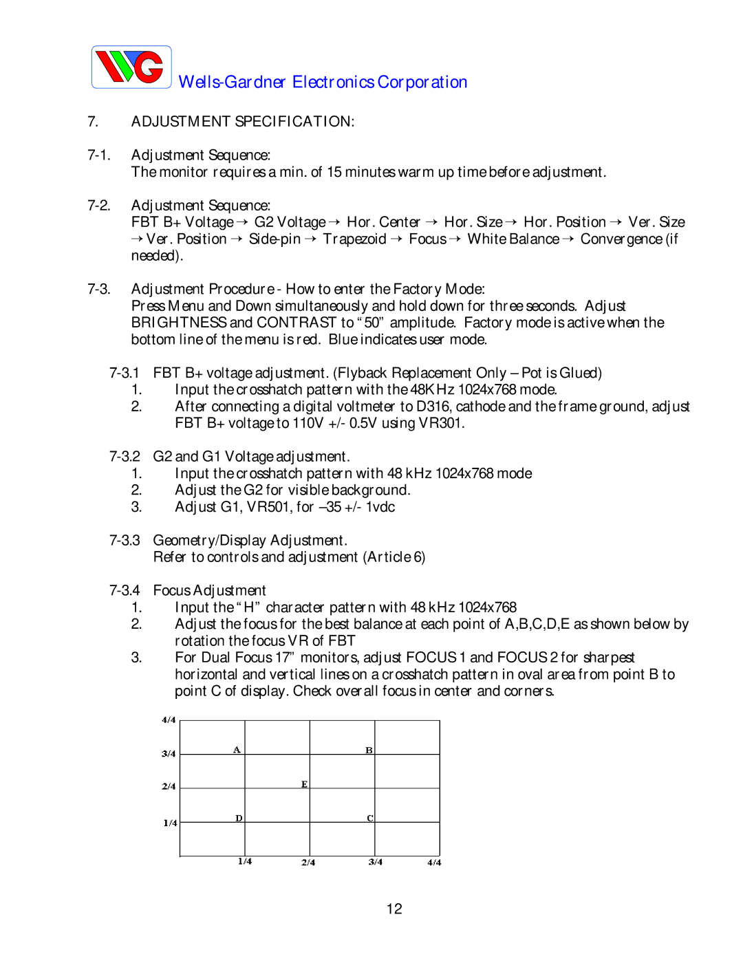 Wells-Gardner D9300 Series service manual Adjustment Specification 