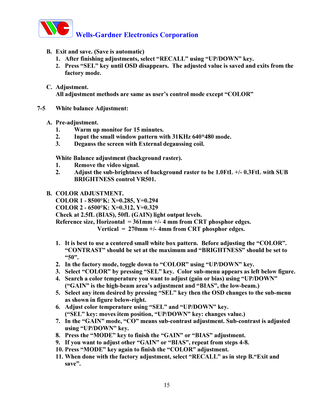 Wells-Gardner D9300 Series service manual Color Adjustment 