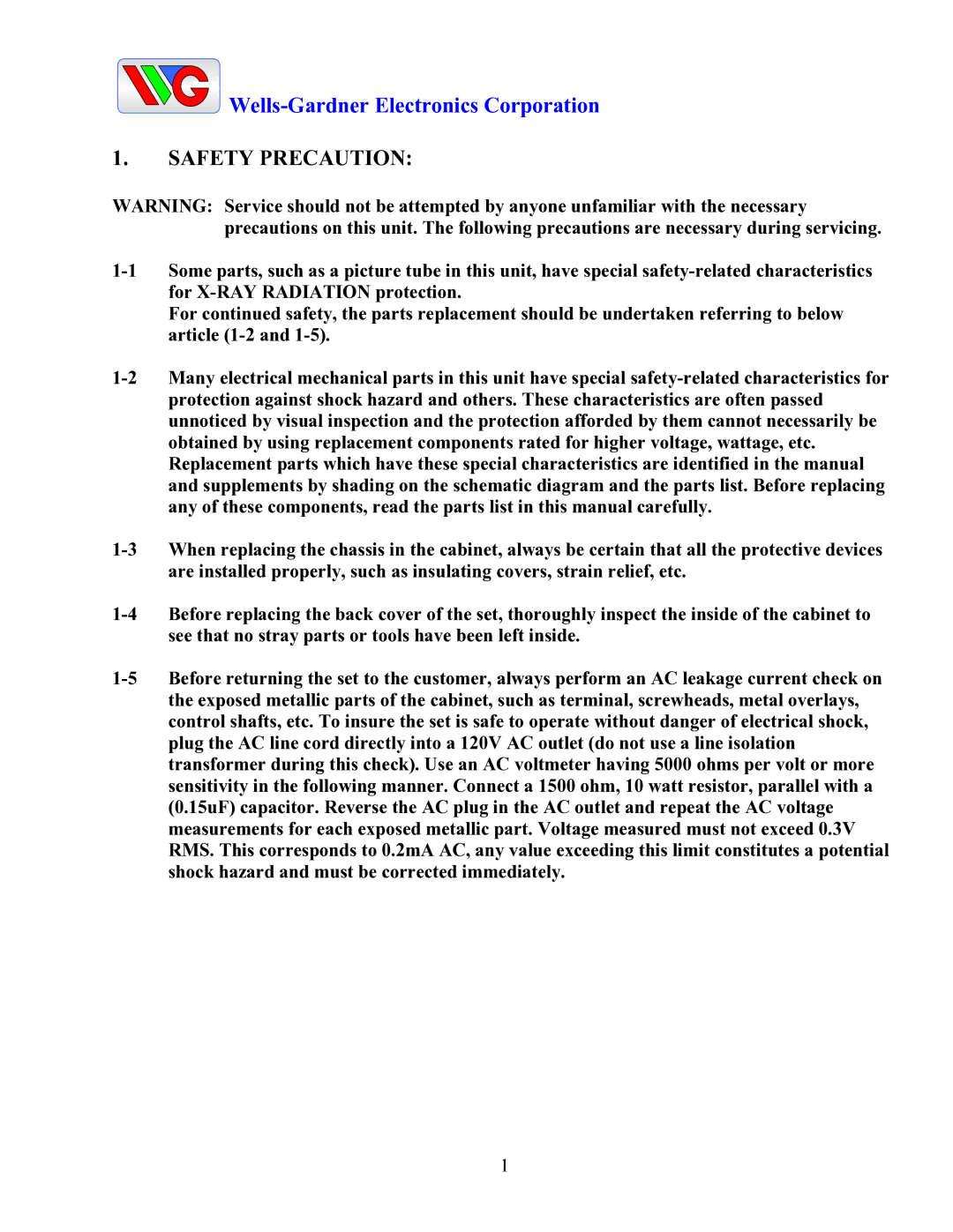 Wells-Gardner D9300 Series service manual Safety Precaution 