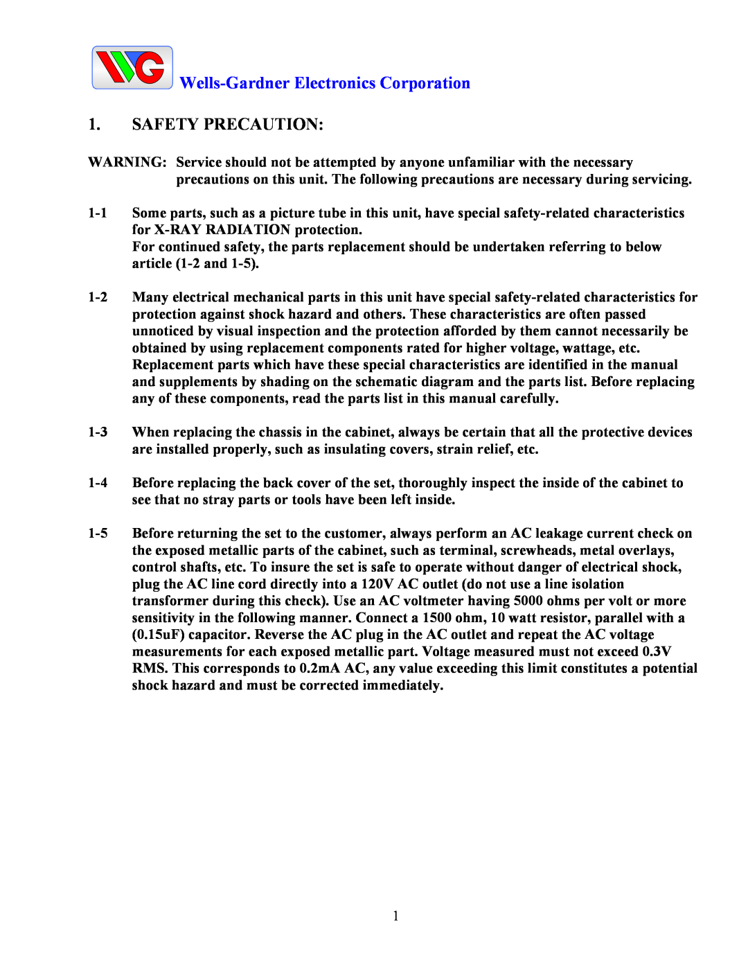 Wells-Gardner D9300 Series service manual Safety Precaution, Wells-Gardner Electronics Corporation 