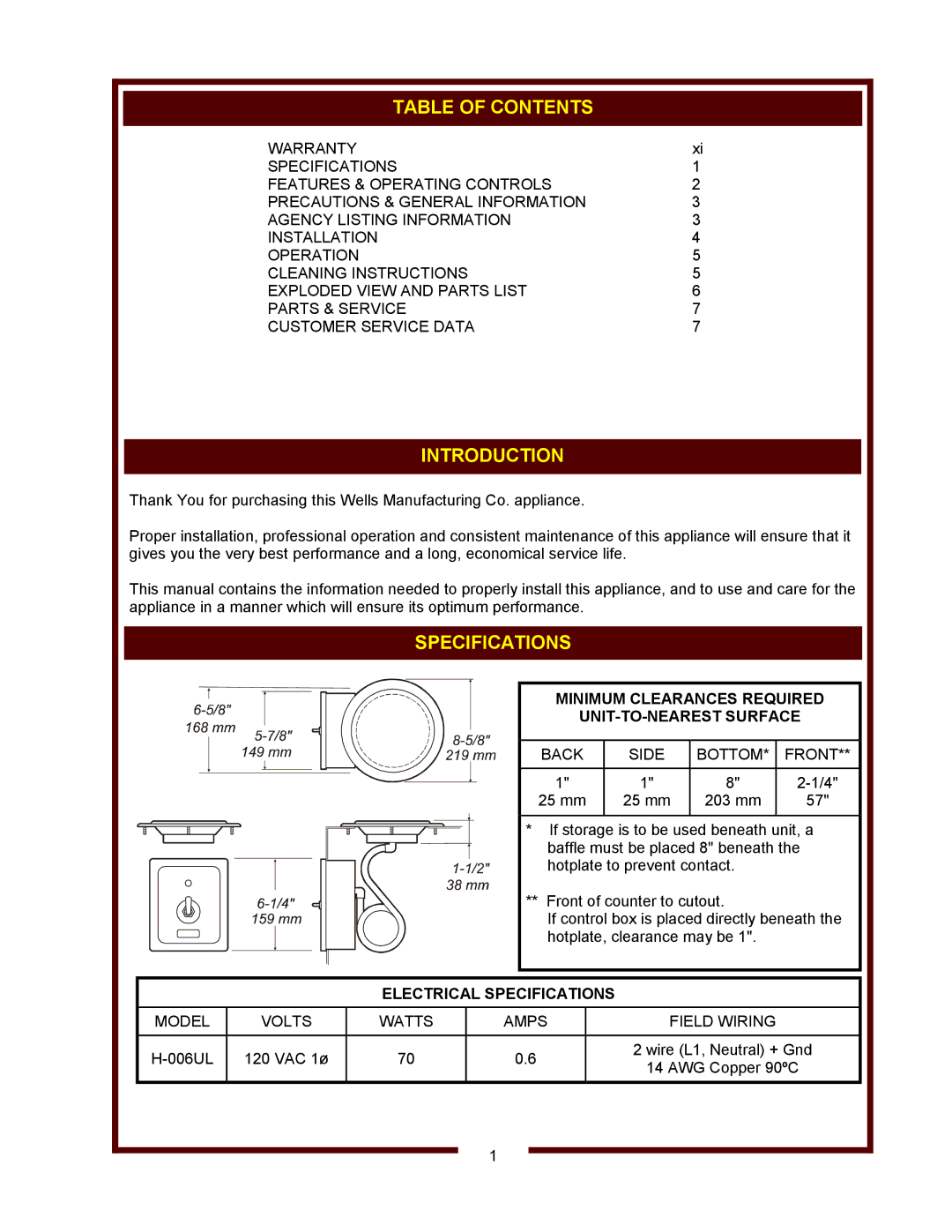 Wells H-006UL owner manual Table of Contents, Introduction, Specifications 