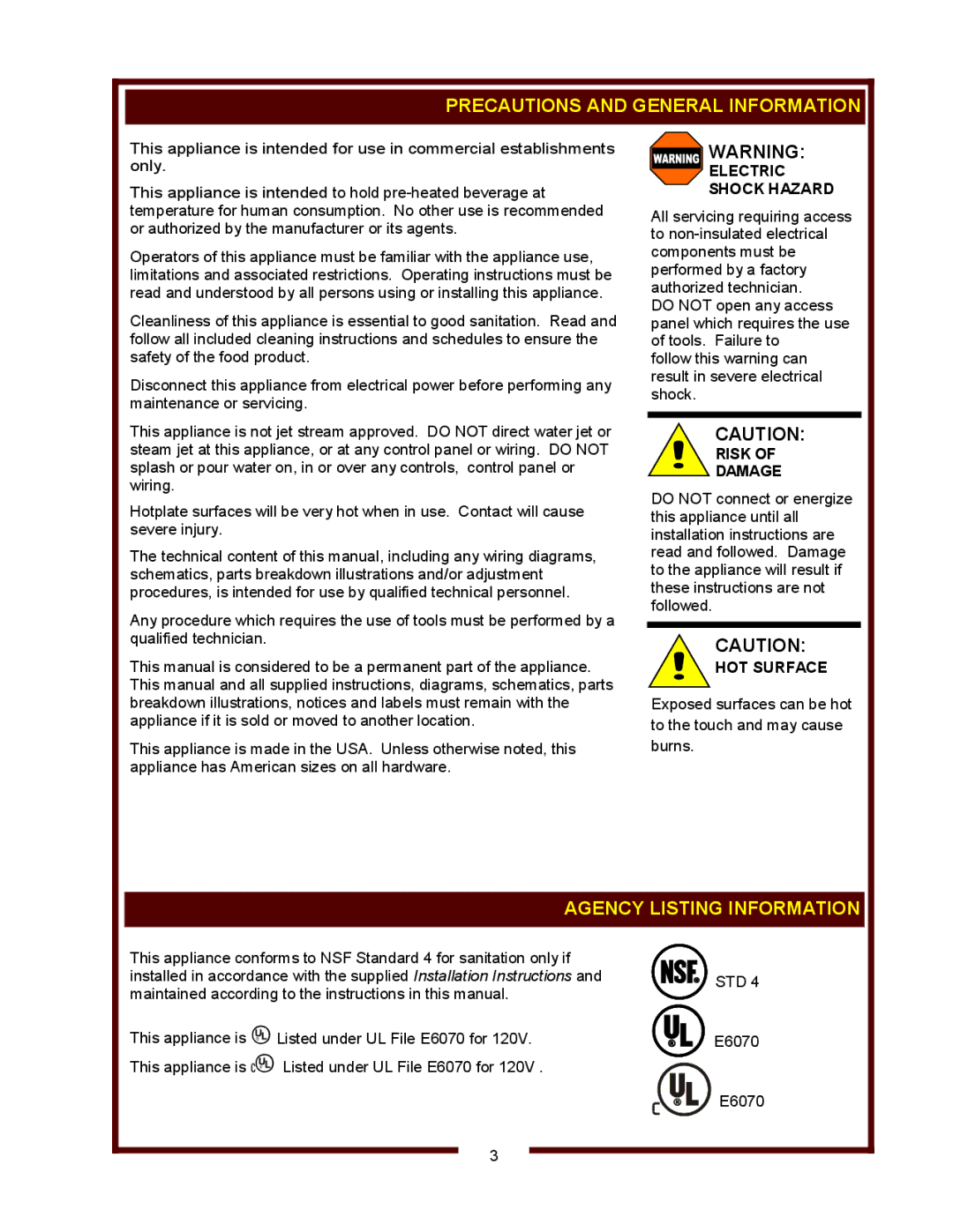 Wells H-006UL Precautions and General Information, Agency Listing Information, Electric Shock Hazard, Risk Damage 