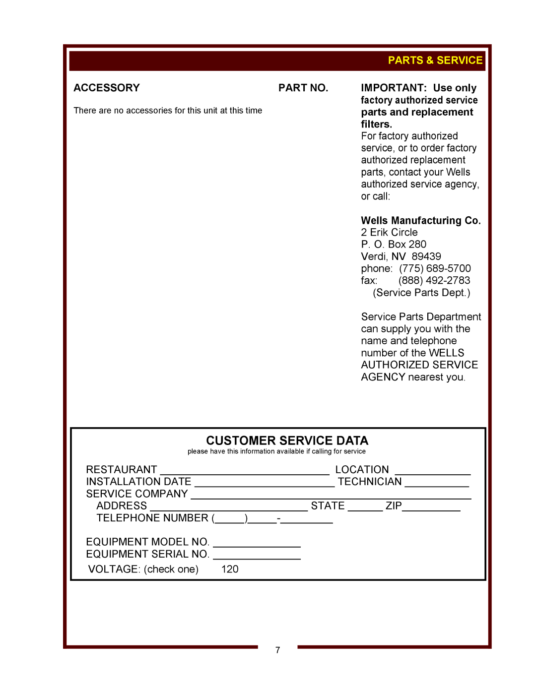 Wells H-006UL owner manual Parts & Service, Accessory 