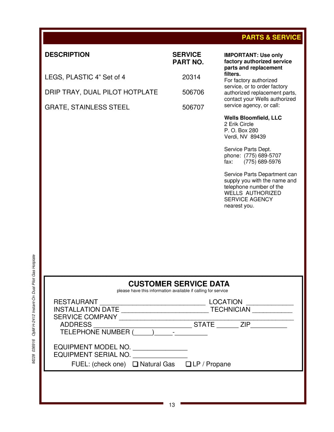 Wells H-2412G operation manual Description Service 