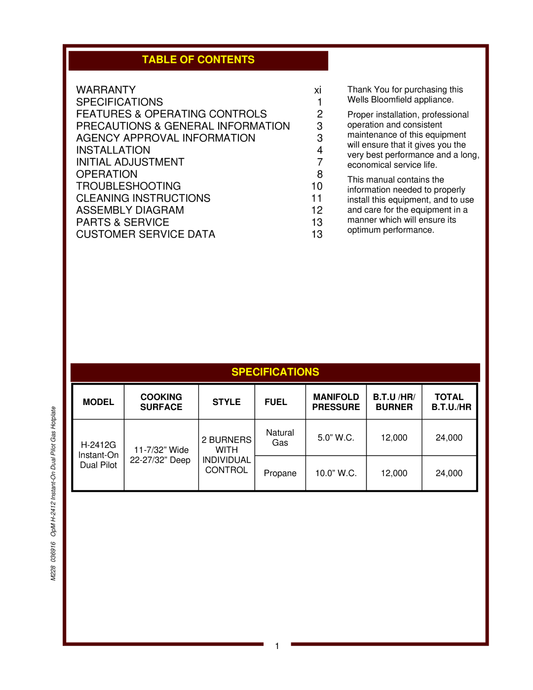 Wells H-2412G operation manual Model Cooking Style Fuel Manifold, Total, Surface Pressure Burner U./HR 