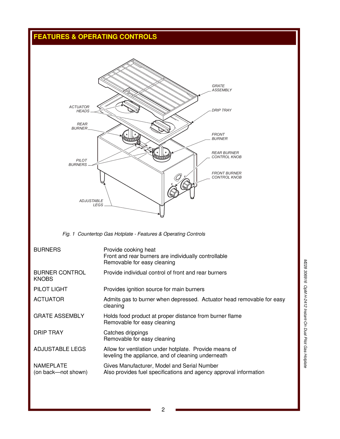 Wells H-2412G operation manual Countertop Gas Hotplate Features & Operating Controls 