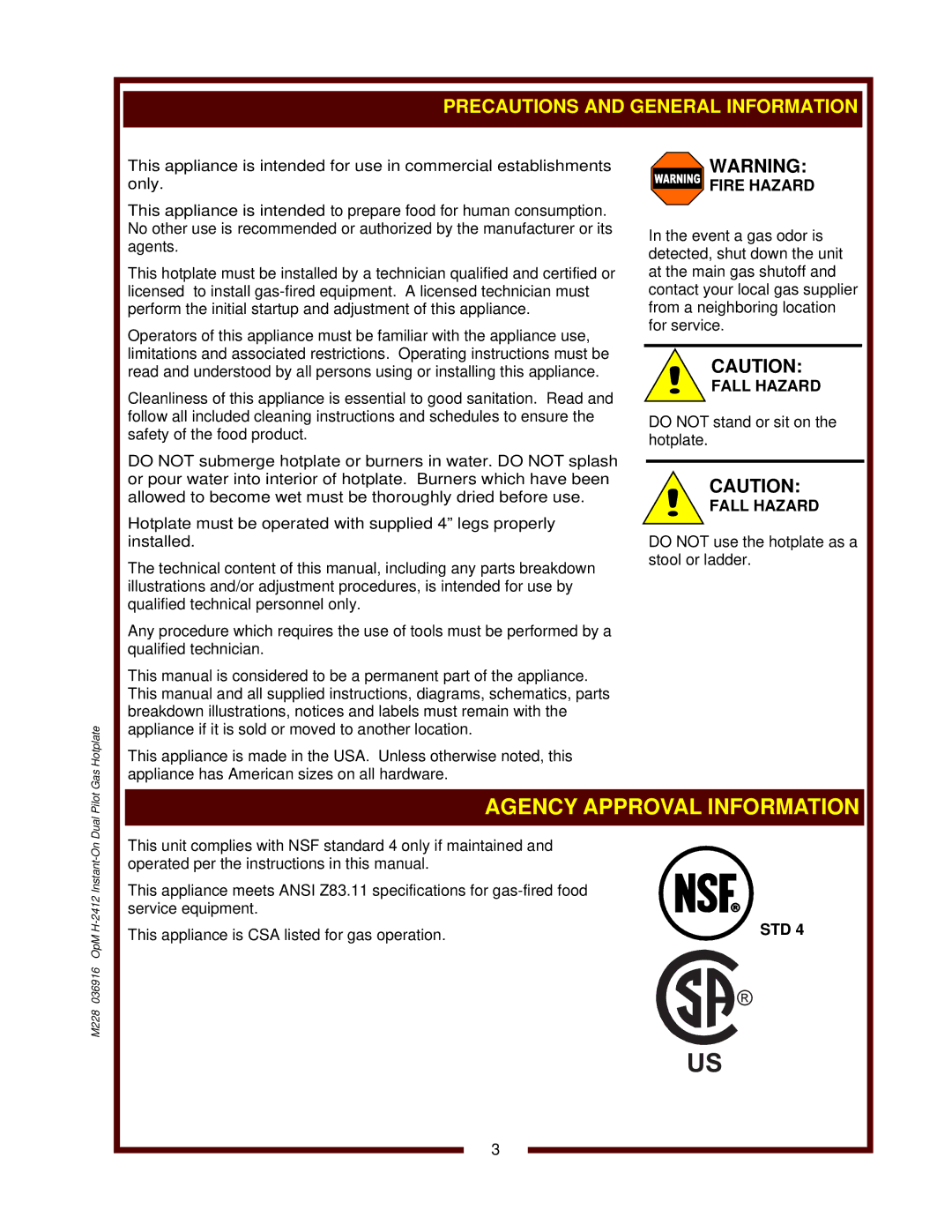 Wells H-2412G operation manual Agency Approval Information, Std 