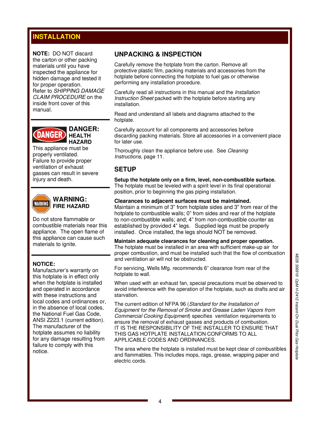 Wells H-2412G operation manual M228 306916 OpM H-2412 Instant-On Dual Pilot Gas Hotplate 