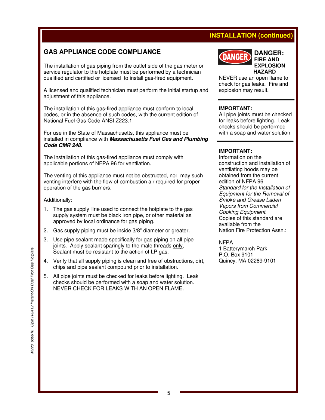 Wells H-2412G operation manual M228 036916 OpM H-2412 Instant-On Dual Pilot Gas Hotplate 