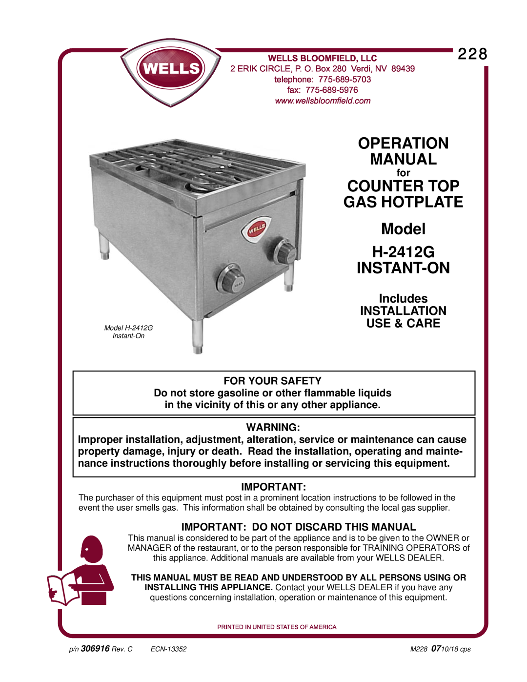 Wells operation manual Important Do Not Discard This Manual, COUNTER TOP GAS HOTPLATE Model H-2412G INSTANT-ON 