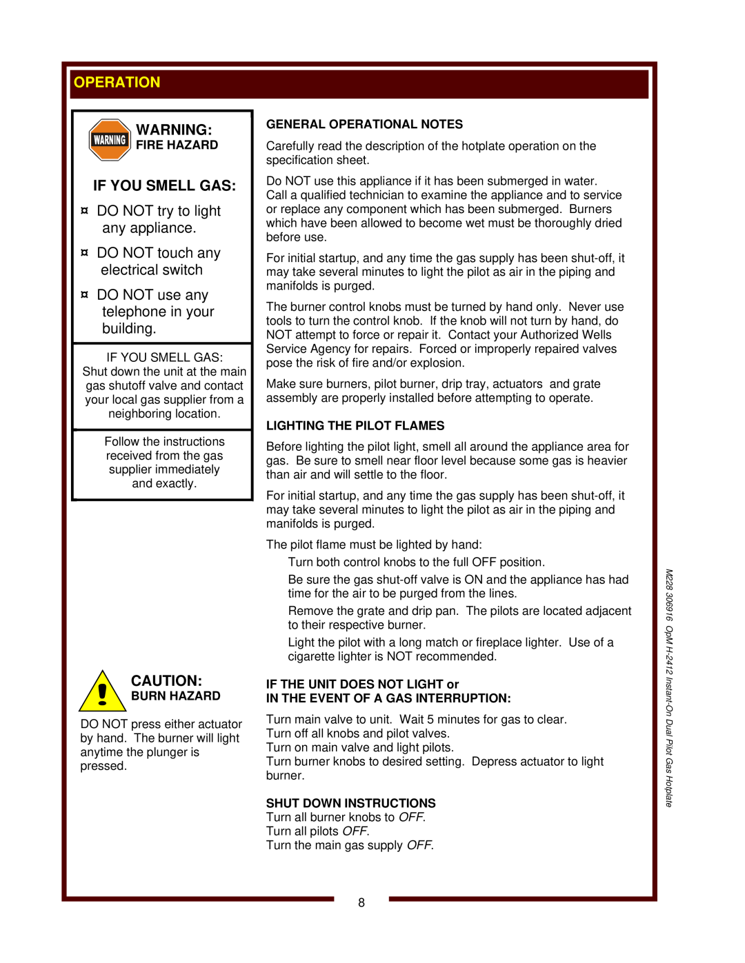 Wells H-2412G operation manual Burn Hazard, M228 306916 OpM H-2412 Instant-On Dual Pilot Gas Hotplate 